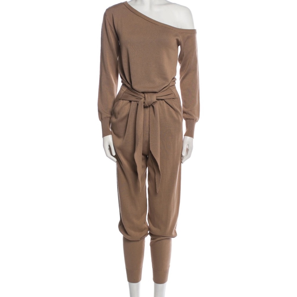 MAJORELLE Charlotte Knit Neutral Jumpsuit in Taupe Revolve size XS one shoulder